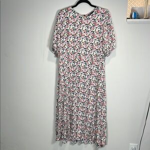 White and Pink Casual Midi Sundress with Crew Neck